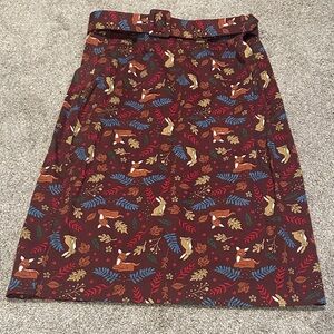 Collectif Brown Woodland Animals Patterned Pencil Skirt w/Belt. Size XL